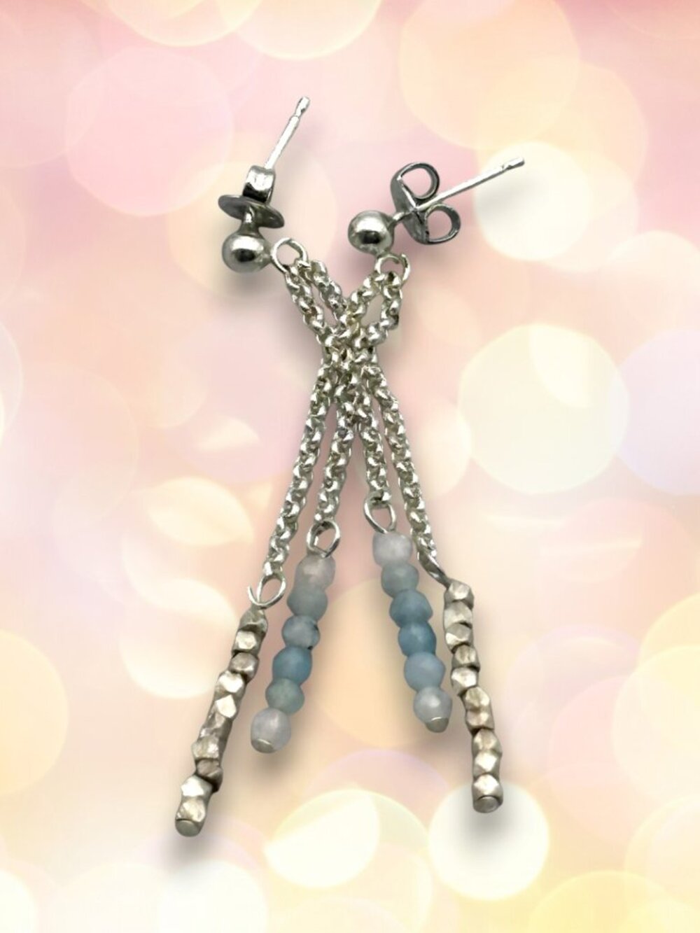 Delicate and Beachy Morganite and Aquamarine Chain Earrings w/KHT 99.9% Silver